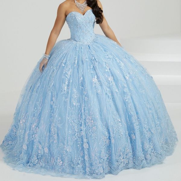 Himmelblaue, glänzende Quinceanera-Kleider für Tüll, Applikationen, Perlen, Ballkleid, schulterfrei, süßes 16-Kleid, herzförmiger Vestidos De 15 Quinceanera