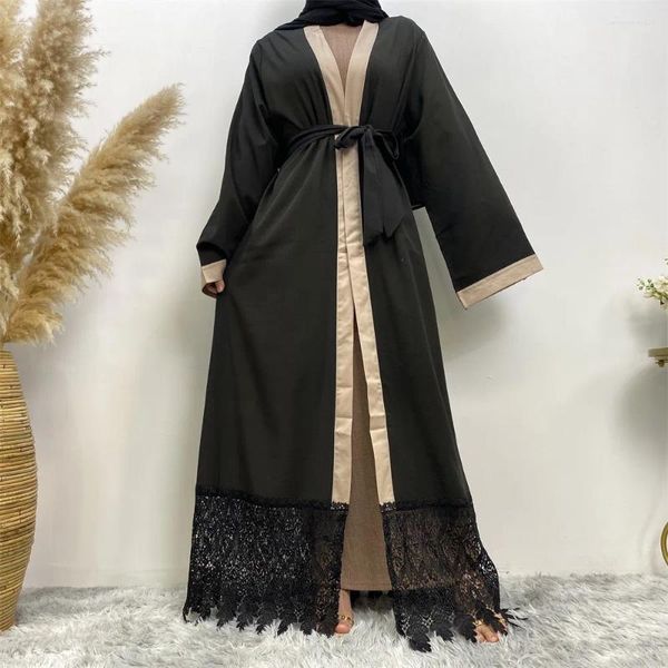 Abbigliamento etnico Pizzo nero Donne arabe Cardigan musulmano Abito moda islamica Aperto Abaya Dubai Turchia Kimono Caftano Ramadan Eid Abito