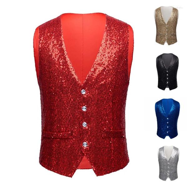 Erkek Tank Tops 2024 Erkek Moda Sequin Blazers Vest Gliter Suit Gece Kulübü DJ Stage Giysileri Parlak Altın Bling Glitter