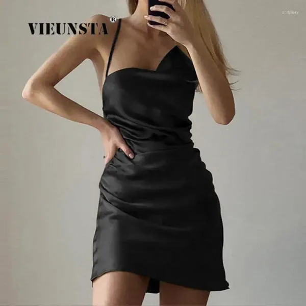 Vestidos Casuais 2024 Moda Backless Lace-Up Party Dress Lady Dobras Sólidas Mini Elegante Sexy Mulheres Cetim Spaghetti Strap Curto