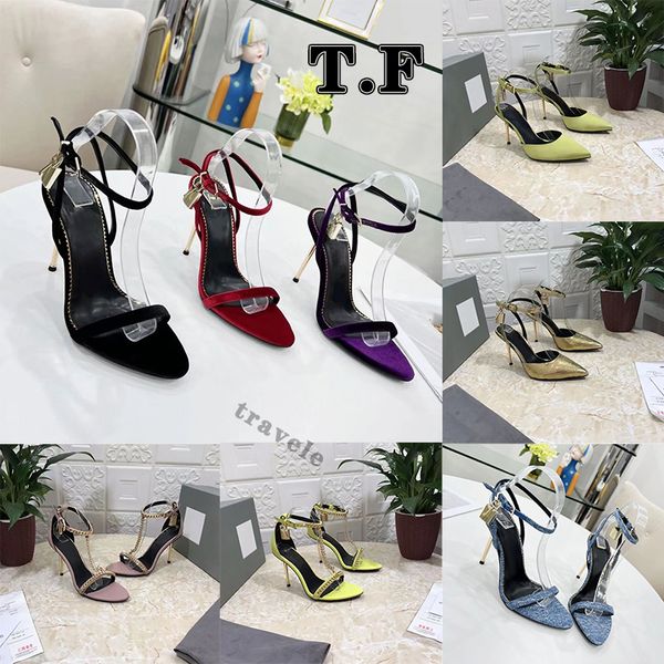 Designer Elegante Marca Mulheres Sapatos TF Cadeado Pontudo Sandálias Nuas Sapatos Hardware Bloqueio e Chave Mulher Metal Stiletto Heel Party Dress Casamento EU35-43 Heel