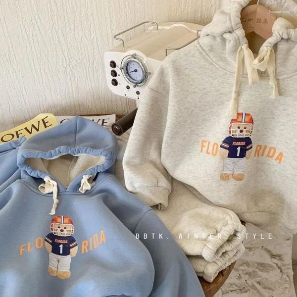 Set di abbigliamento Set per bambini Autunno Inverno Neonati maschi Vestito da bambina Felpa con cappuccio in velluto spesso integrato con cappuccio Pantaloni sportivi in due pezzi