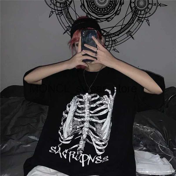 T-shirt da uomo Y2k Harajuku Top T-shirt oversize Donna Goth Top Stampa retrò Skull Bone T-shirt larghe con manica corta Maglietta grafica animeH2421