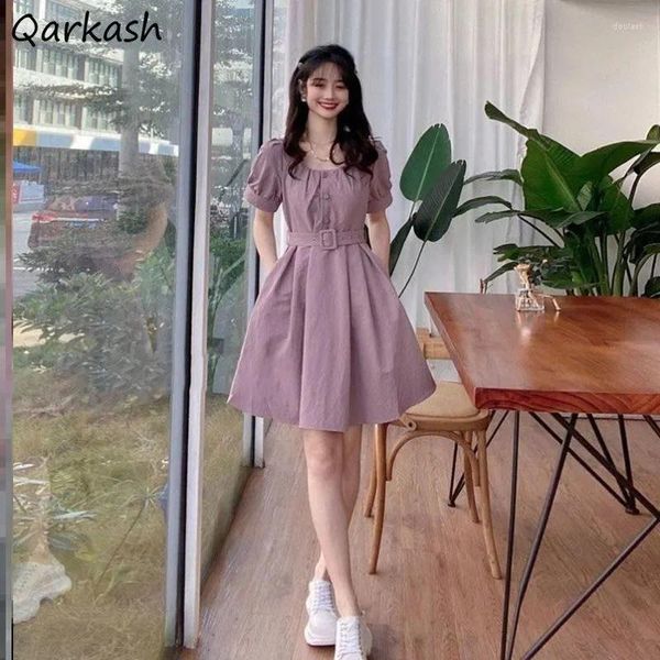 Vestidos casuais vestido mulheres puff manga curta elegante moda verão a linha juventude doce simples respirável senhoras lazer laço sólido roxo