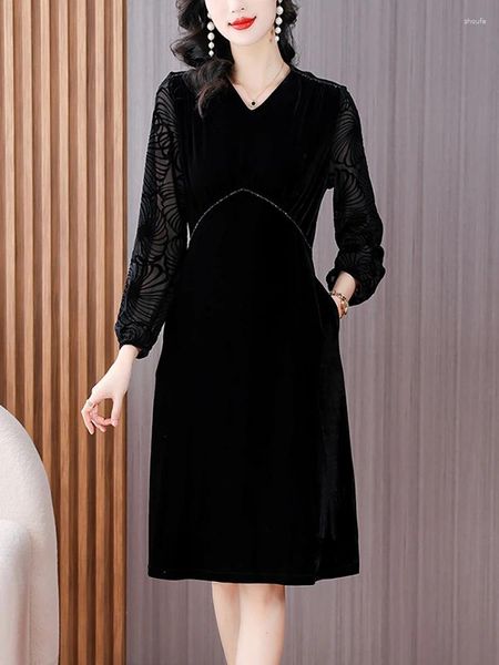 Casual Kleider 2024 Schwarz Samt Patchwork Aushöhlen Langarm Kleid Herbst Winter Elegante Und Hübsche Damen Frauen Koreanische Party