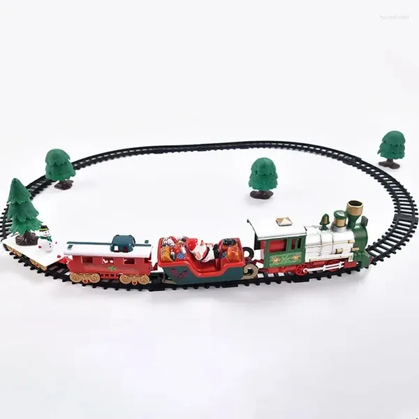 Estatuetas decorativas presente de natal trem elétrico brinquedo decoração da família árvore trilha quadro ferroviário luz do carro
