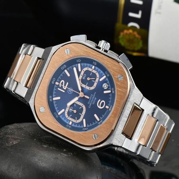 Relógios de pulso BR Modelo Top Sport Sport Quartz Bell Multifunction Watch Full Aço inoxidável Men Ross Square Watch Gift282L