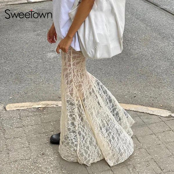 Gonne Sweetown Due strati di pizzo a tromba Sirena lunga per le donne Abiti vintage eleganti con gonna a vita alta per le vacanze