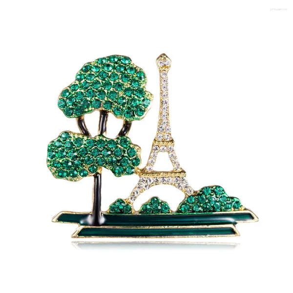 Spille Spilla smaltata creativa Lega ambientale Albero verde Torre Eiffel Abito Cappotto Spilla Abbigliamento Distintivi Banchetto Gioielli quotidiani