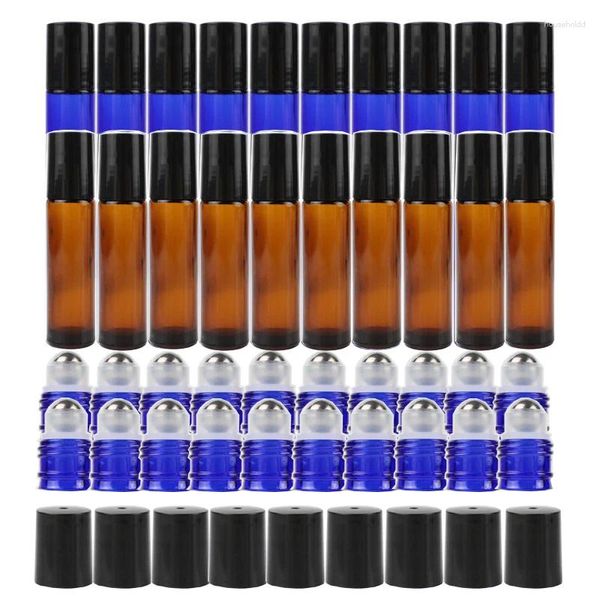 Bottiglie di stoccaggio 24 pz/pacco 10 ml blu ambrato vetro spesso roll on bottiglia da viaggio contenitore a sfera riutilizzabile con acciaio inossidabile