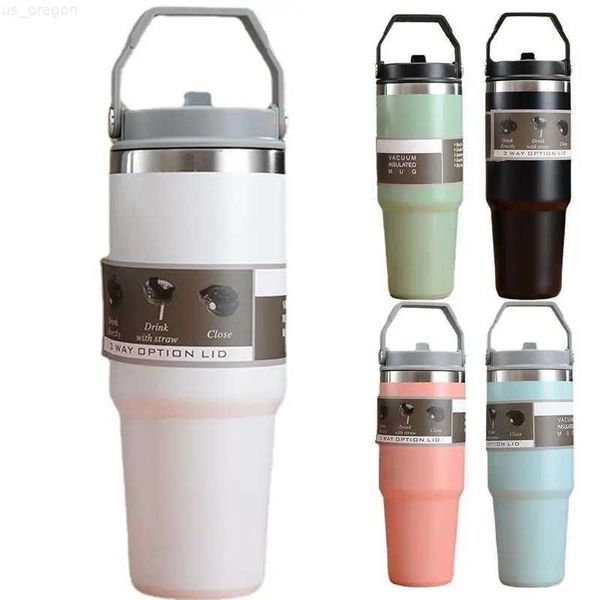 Thermoses 900 ml Thermos-Kaffeetasse mit Griff, Strohhalm, Edelstahl-Kaffee-Thermobecher, Vakuumflasche fürs Auto, tragbarer, isolierter Becher für Cafés