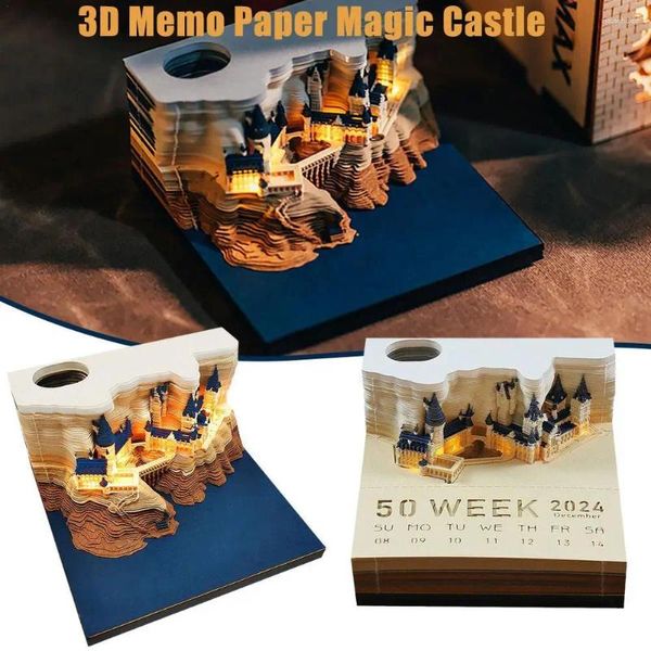 Figurine decorative Blocco note 3D Calendario da tavolo 2024 Blocco note settimanale del castello magico con accessori di cancelleria leggeri Portapenne