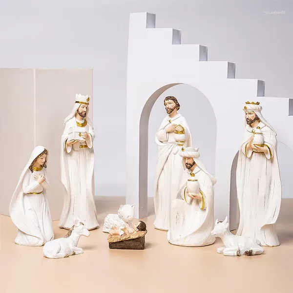 Estatuetas decorativas Estatueta da Sagrada Família Páscoa Religiosa Jesus Natividade Conjunto Estátua pintada à mão Enfeites Sala Artesanato Presente de Natal
