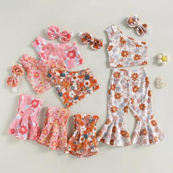 Conjuntos de roupas crianças crianças meninas verão 1-4years floral impressão um ombro tanques topos flare calças compridas férias roupas casuais