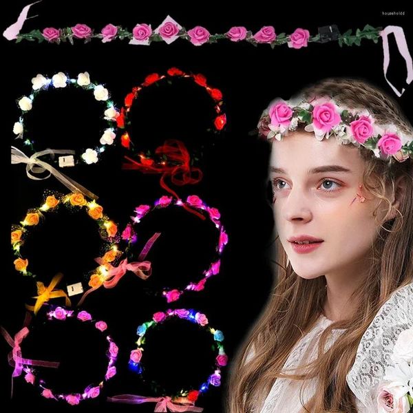 Decoração de festa luminosa rosa grinalda casamento flor bandana led luz guirlanda mulheres menina aniversário natal brilho hairband