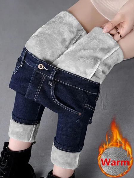 Büyük boyutlu ince kadife astarlı kot pantolon kış kadınları peluş streç vaqueros pantolon orta bel kalınlaşan sıcak denim spodnie 240201