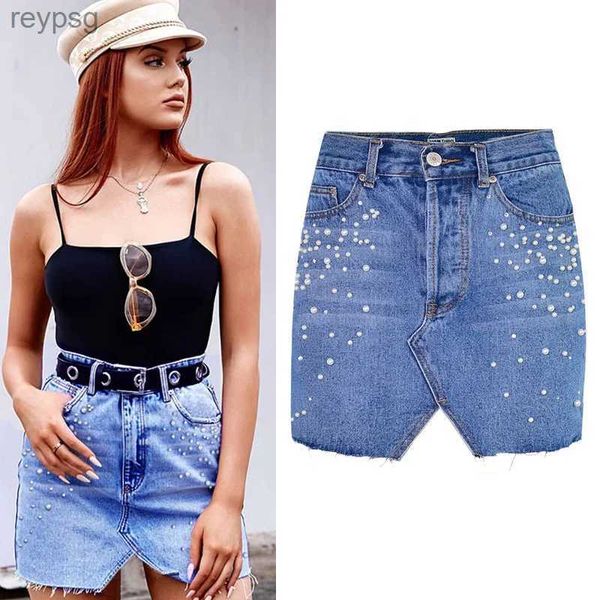 Saias femininas cintura alta mini saia pérolas jeans contas embelezadas decoradas denim saias curtas diamante cravejado streetwear high street yq240201