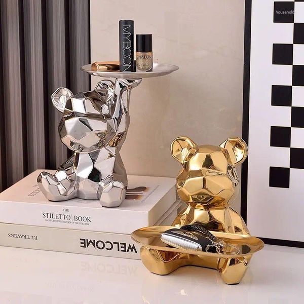 Estatuetas decorativas urso decoração estátua geométrica com bandeja de armazenamento cerâmica galvanoplastia cofrinho chave recipiente cosmético.