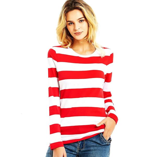 Kırmızı Beyaz Çizgili Tişört Kadınlar için Yuvarlak Boyun Uzun Kollu Tees Kadınlar İçin Renkli Çizgiler Yaz Günlük Sonbahar 240118