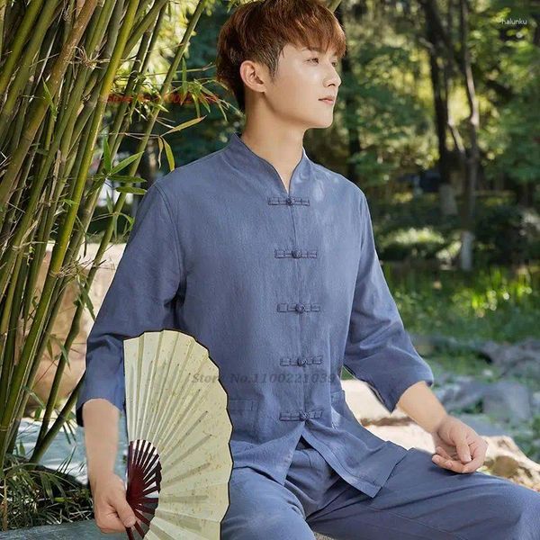 Ethnische Kleidung 2024 Traditionelle chinesische Männer Vintage Baumwolle Leinen Anzug Tops Hosen Set Nationale Meditation Kleidung Retro Buddhistisches Tai Chi