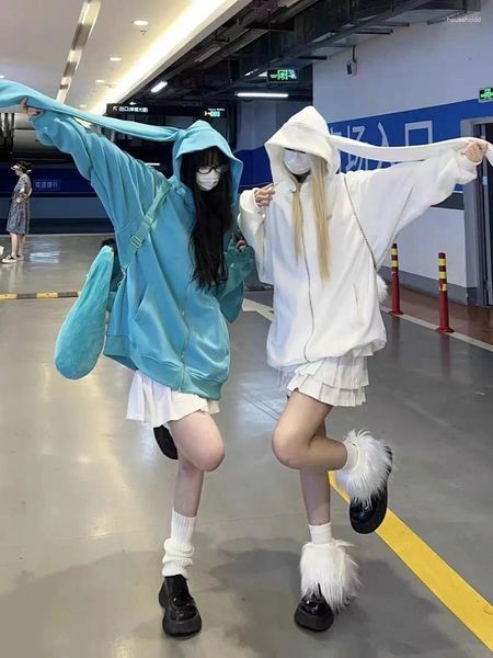 Frauen Hoodies Lange Blau Kaninchen Ohr Mit Kapuze Oversize Frauen Streetwear Harajuku Kawaii Y2k Solide Sudadera Mujer Paare Sweatshirt Fleece