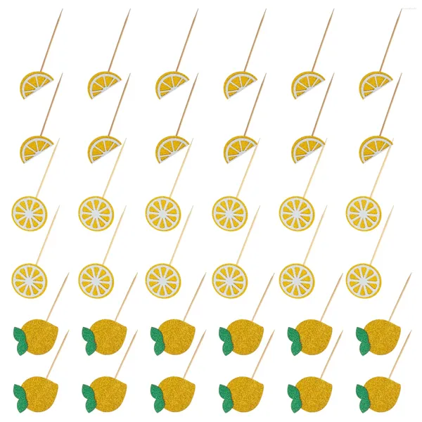 Ferramentas de bolo 36 peças decorações de casamento cerimônia verão inserções frutas palito 13x5.8cm limão sobremesa toppers papel amarelo banquete