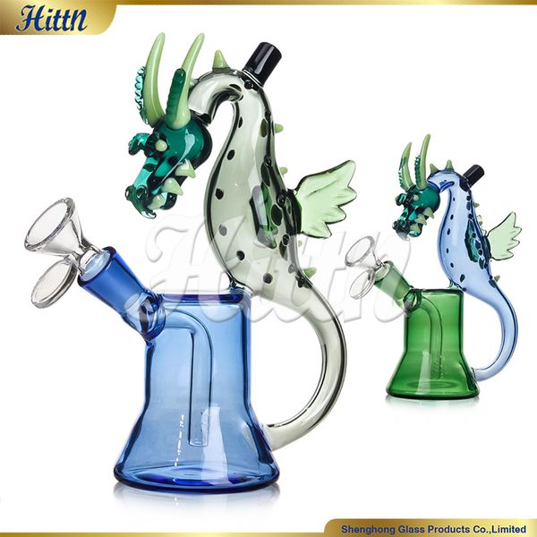 Dab Rig Bong in vetro Dragon Oil Rig Bong ad acqua per fumare inebriante pipa ad acqua in vetro di dinosauro con giunto diffuso da 14 mm Downstem 7,5 pollici Blu Verde