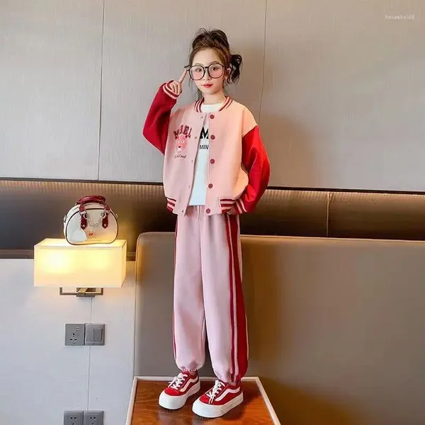 Set di abbigliamento Ragazze Primavera Autunno Uniforme da baseball Abiti Junior Bambini Casual Patchwork Cappotto e pantaloni 2 pezzi Bambini di alta qualità 5-15 anni