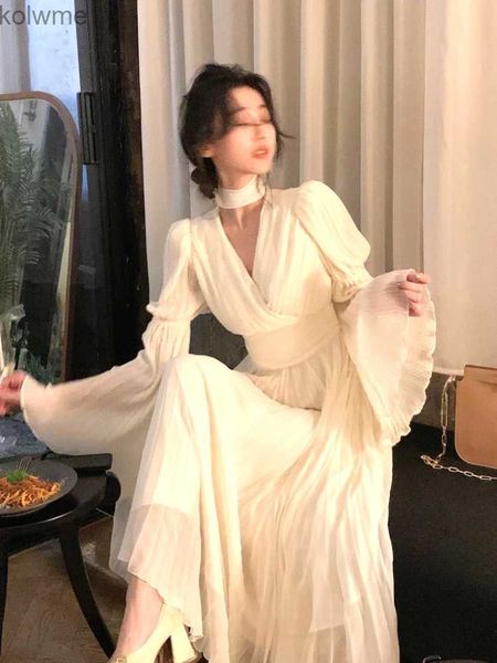 Vestidos casuais básicos coreano elegante com decote em v vestido midi senhora do escritório manga longa casual uma peça vestido branco francês vintage vestido de chiffon 2023 primavera yq240201