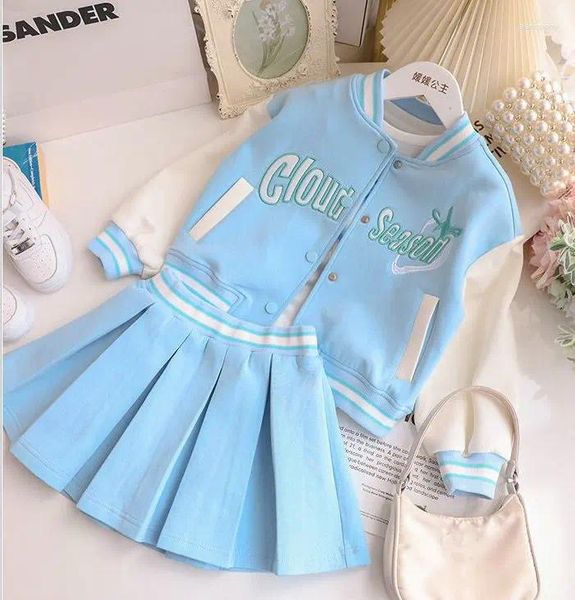 Kleidung Sets Herbst Teenager Mädchen Kleidung Set Cartoon Baseball Jacke Falten Rock 2 stücke Kinder Kinder Baby Anzug Prinzessin Boutique Outfit