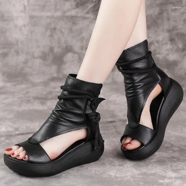 Scarpe eleganti Sandali da donna Estate 2024 Moda romana con tacco medio Zeppe da donna Vintage Sandali con punta aperta Zapatos