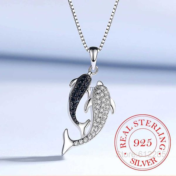 Girocolli Veri gioielli in argento sterling 925 Collana di delfini di cristallo con ciondoli a catena Collane per le donne Collana girocollo in argento sterling massiccio YQ240201