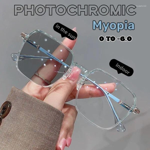 Óculos de sol feminino na moda pochromic miopia óculos ao ar livre mudança de cor luxo quadrado curto-míope menos diopter eyewear