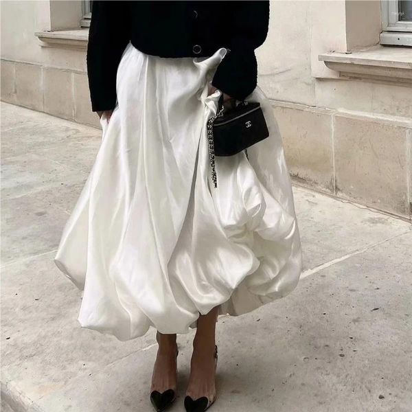 Saias longas para mulher moda coreana saia branca midi cetim cintura alta brilhante roupas de luxo mulheres preto h