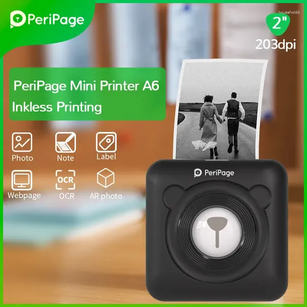PeriPage A6 Schwarz 203 dpi Tragbarer Thermo-Bluetooth-PO-Drucker 58 mm Mini-Taschen-Wireless-Etikett für mobiles Android IOS