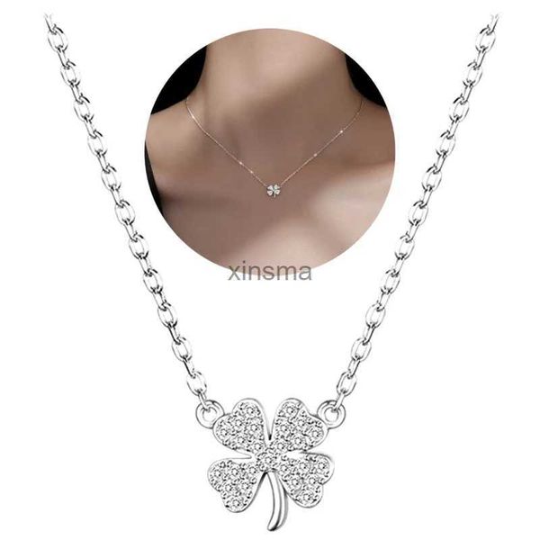 Halsketten Vierblättriges Kleeblatt Glück Blätter Pullover Halsketten Kristall Zirkon Anhänger Kette Halskette Für Frauen Schmuck YQ240201