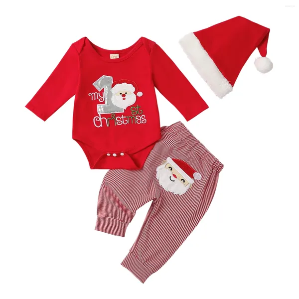 Conjuntos de roupas Pudcoco Baby Girl Boy Christmas Outfit Manga Longa Bordado Letras Romper Listrado Papai Noel Calças Chapéu Roupas Infantis