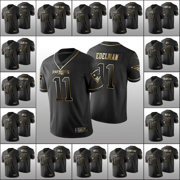New England''Patriots''Men 12 Tom Brady 11 Julian Edelman 1 Cam Newton Custom Women Youth Black Golden Edition Jersey