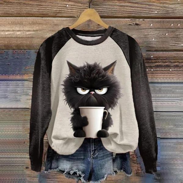 Mulheres camisetas Mulheres O-pescoço Tops Engraçado Gato Bonito Arte Impressão Casual Algodão Moletom Moletom Kawaii Animais Padrão Pulôver Roupas Femininas