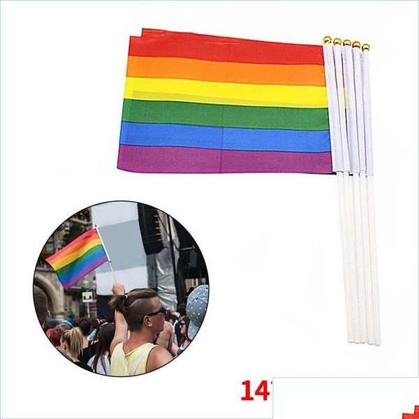 Banner-Flaggen, Banner-Flaggen, Gay-Pride-Flagge, Kunststoffstab, Regenbogen-Hand, amerikanische Lesben, LGBT, 14 x 21 cm, Drop-Lieferung, Haus, Garten, festlich, Dhakf