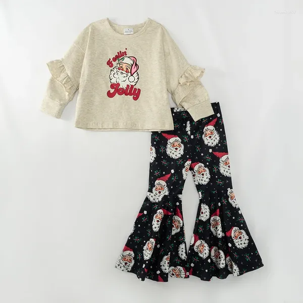 Set di abbigliamento Girlymax Neonate Natale Babbo Natale Feelin' Outfit Pantaloni a zampa d'elefante Set con volant in cotone per bambini