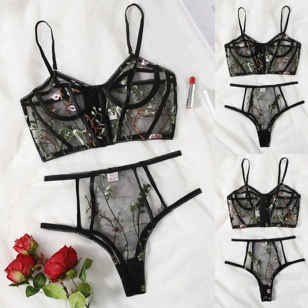 Set di reggiseni Set di lingerie sexy in due pezzi Set di fiori da donna Ricamo trasparente Intimo di pizzo per costumi erotici sessuali Mutandine di reggiseno Lenceria