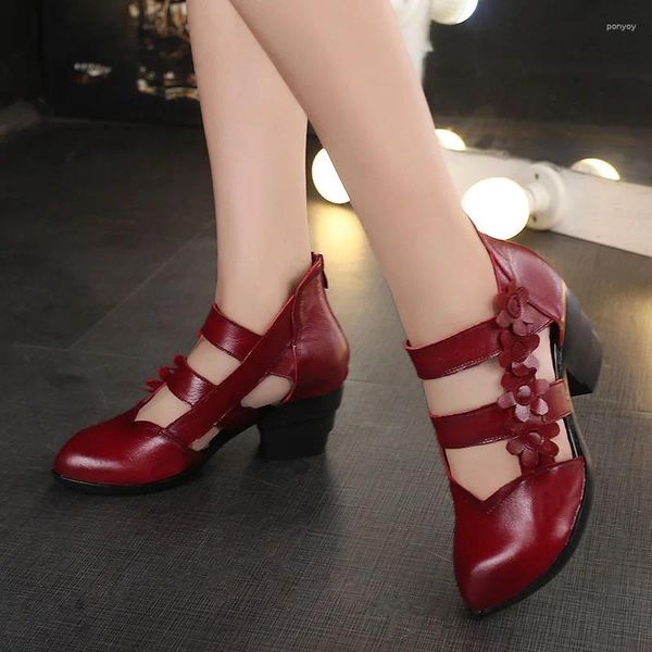 Sandálias de couro genuíno chunky-salto feminino flor salto alto luxo sandália de verão para mulher 2024 sapatos de salto alto vermelho