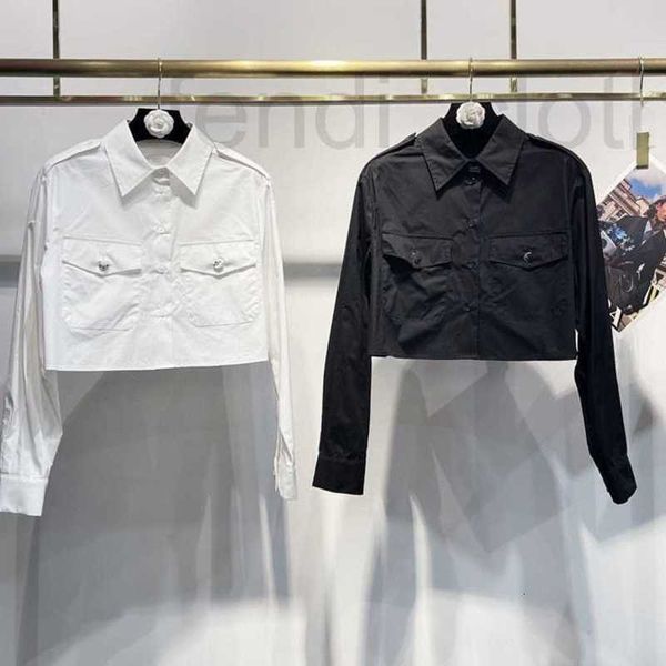 Blusas femininas camisas designer marca início da primavera nova idade reduzindo estilo elegante flip colarinho botão duplo bolso diamante incorporação simples e camisa curta UZLY