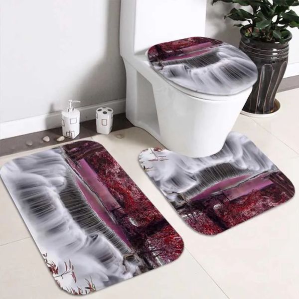 Bella cascata albero rosso set tenda da doccia tende da bagno impermeabili tappeto tappetini antiscivolo piedistallo tappeto copriwater LL