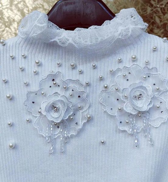 Damenpullover Luxus-Stil Perlen Diamanten Blumen Stich Pullover für Frauen 2024 Frühling Spitzenhals weiße Strickwaren Bottomming Pullover