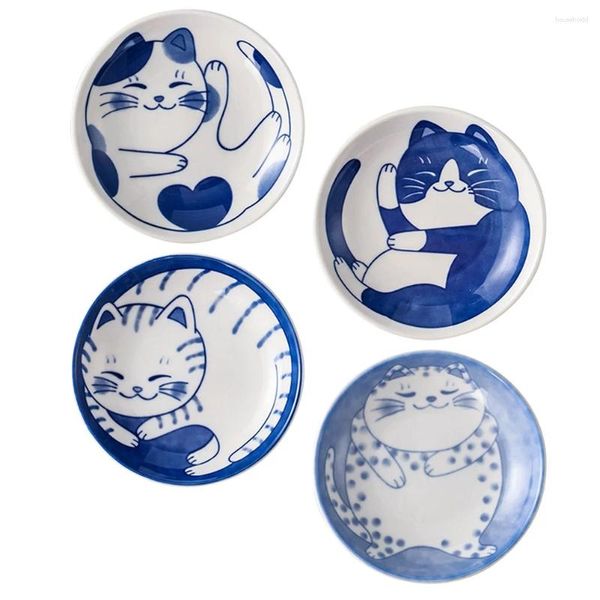 Piatti 4 pezzi Piatti per salsa in ceramica Stile giapponese Modello gatto Piatto di condimento Antipasto Frutta Noci Verdura Ciotola da cucina
