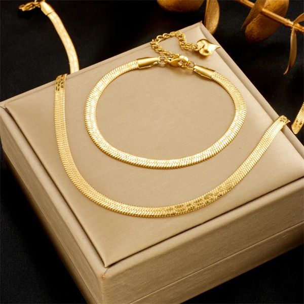 Colar de corrente de cobra de ouro amarelo 14k pulseiras para mulheres meninas novo conjunto de joias à prova d'água presente de casamento