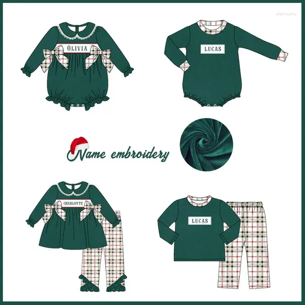 Kleidungssets Ropa Baumwolle für Mädchen und Jungen, anpassbare Namensstile, Vorverkaufsmodelle, Weihnachtsgrüner Strampler, Gitter-Flanell-Kleidung