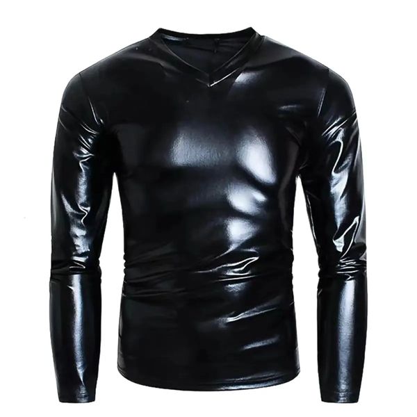 Masculino wear pvc falso couro superior S-7XL plus size manga longa camiseta com decote em v blusa jaqueta brilhante apertado macio casaco de couro de patente 240126